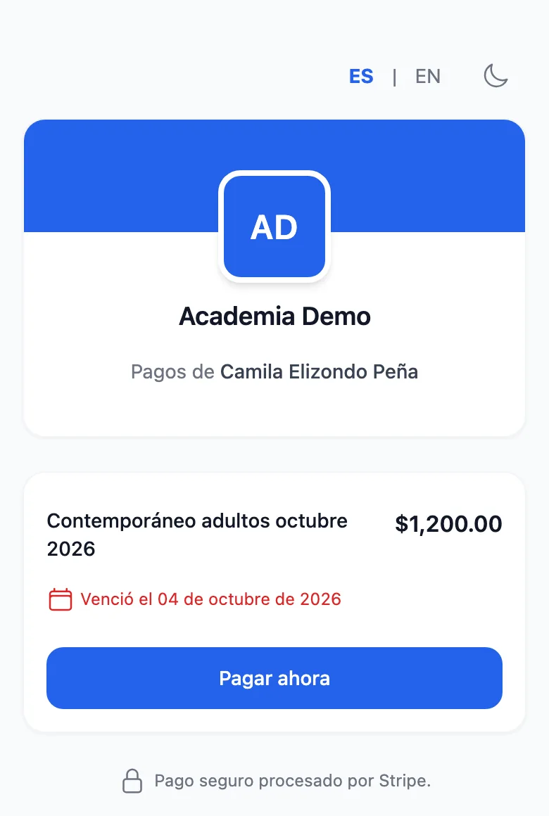 Página de pago de una academia en el celular, con su logo y sus colores