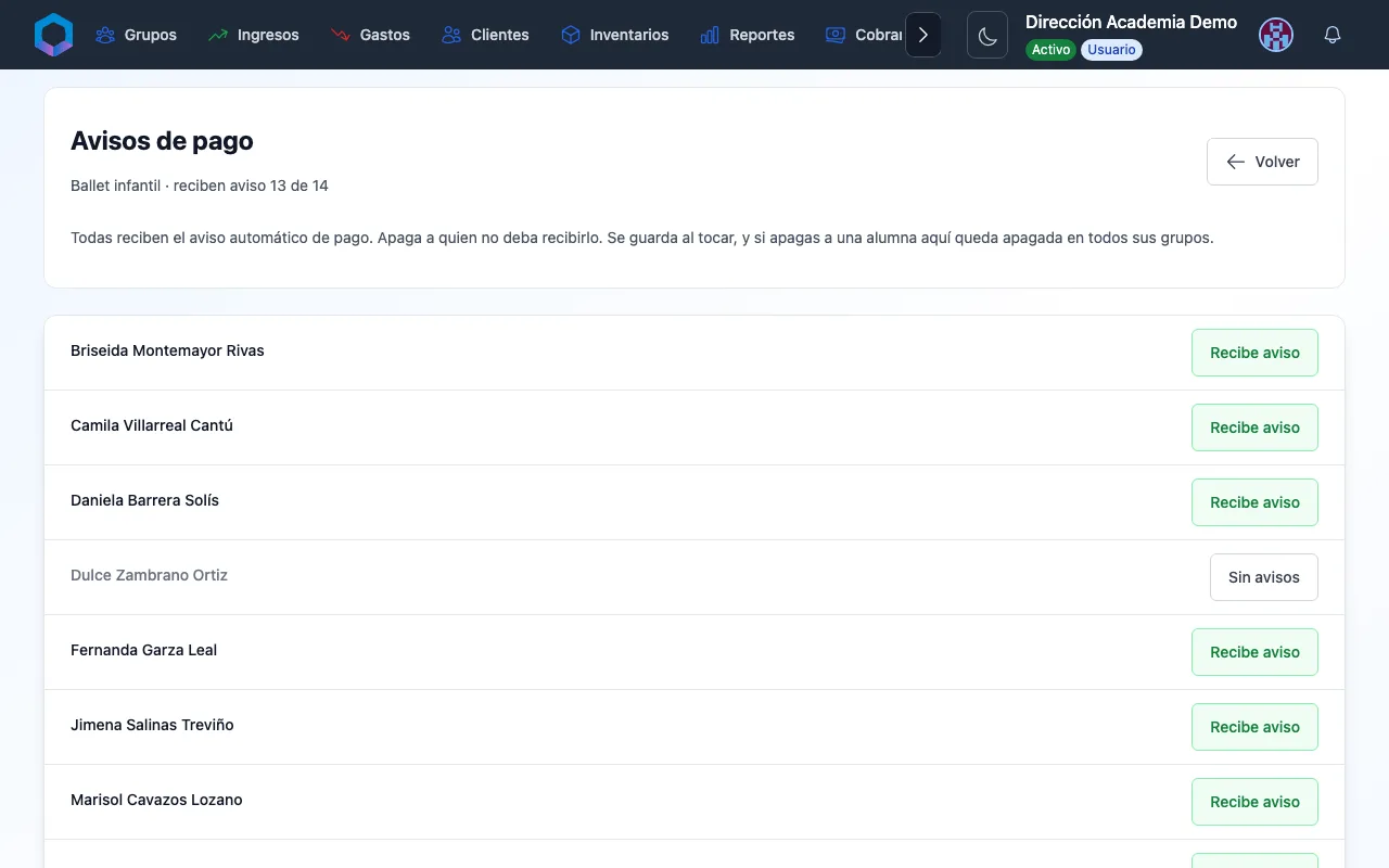 Pantalla de recordatorios de un grupo, con quién recibe aviso y quién no